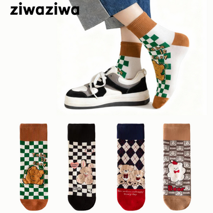 【4足set】チェックボード熊コットンソックス