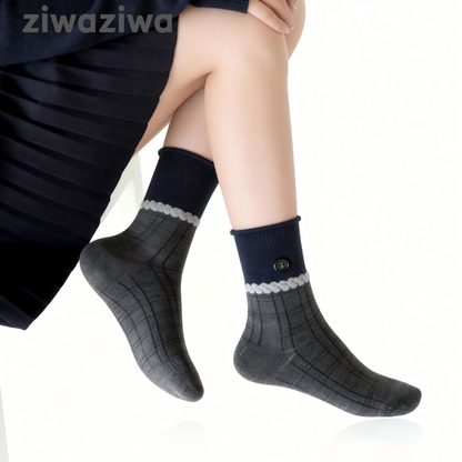 シームレスソックスボタンデザイン学院風クルーソックス