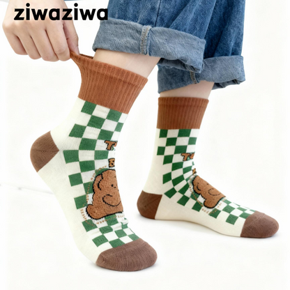 【4足set】チェックボード熊コットンソックス