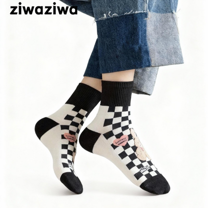 【4足set】チェックボード熊コットンソックス