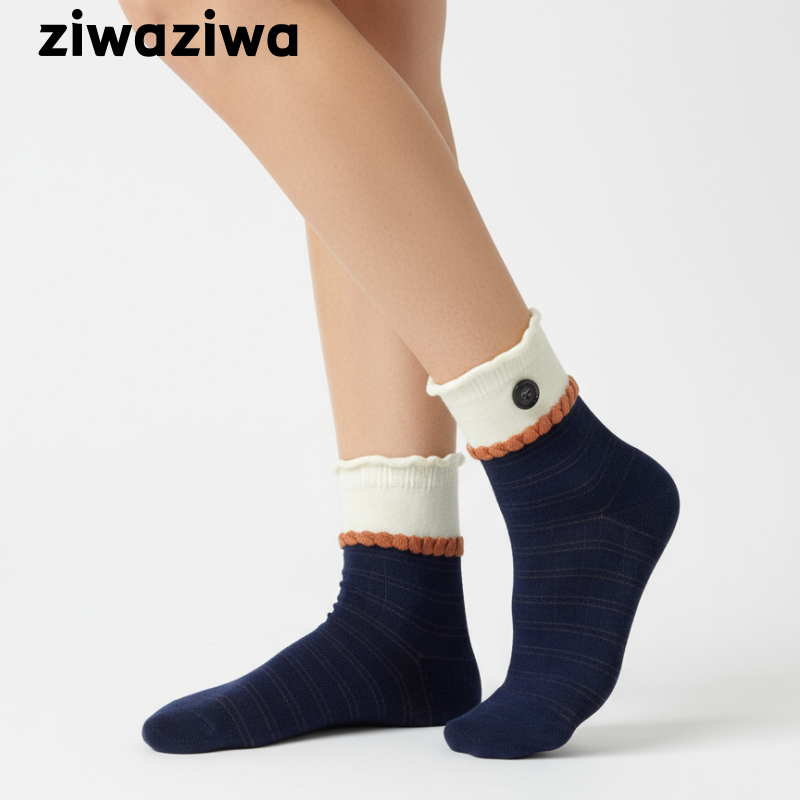 シームレスソックスボタンデザイン学院風クルーソックス