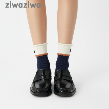 シームレスソックスボタンデザイン学院風クルーソックス