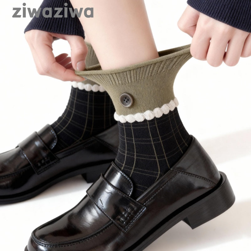 シームレスソックスボタンデザイン学院風クルーソックス