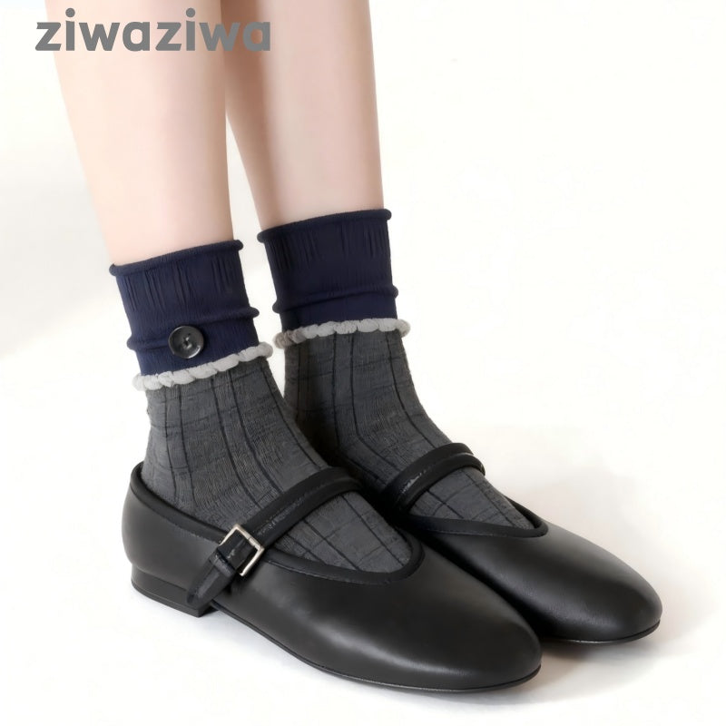 シームレスソックスボタンデザイン学院風クルーソックス