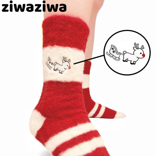 Original Christmas Style Red Reindeer Striped Mid-calf Socks