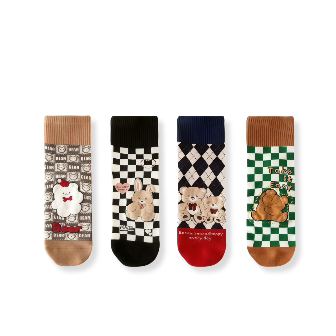 【4足set】チェックボード熊コットンソックス