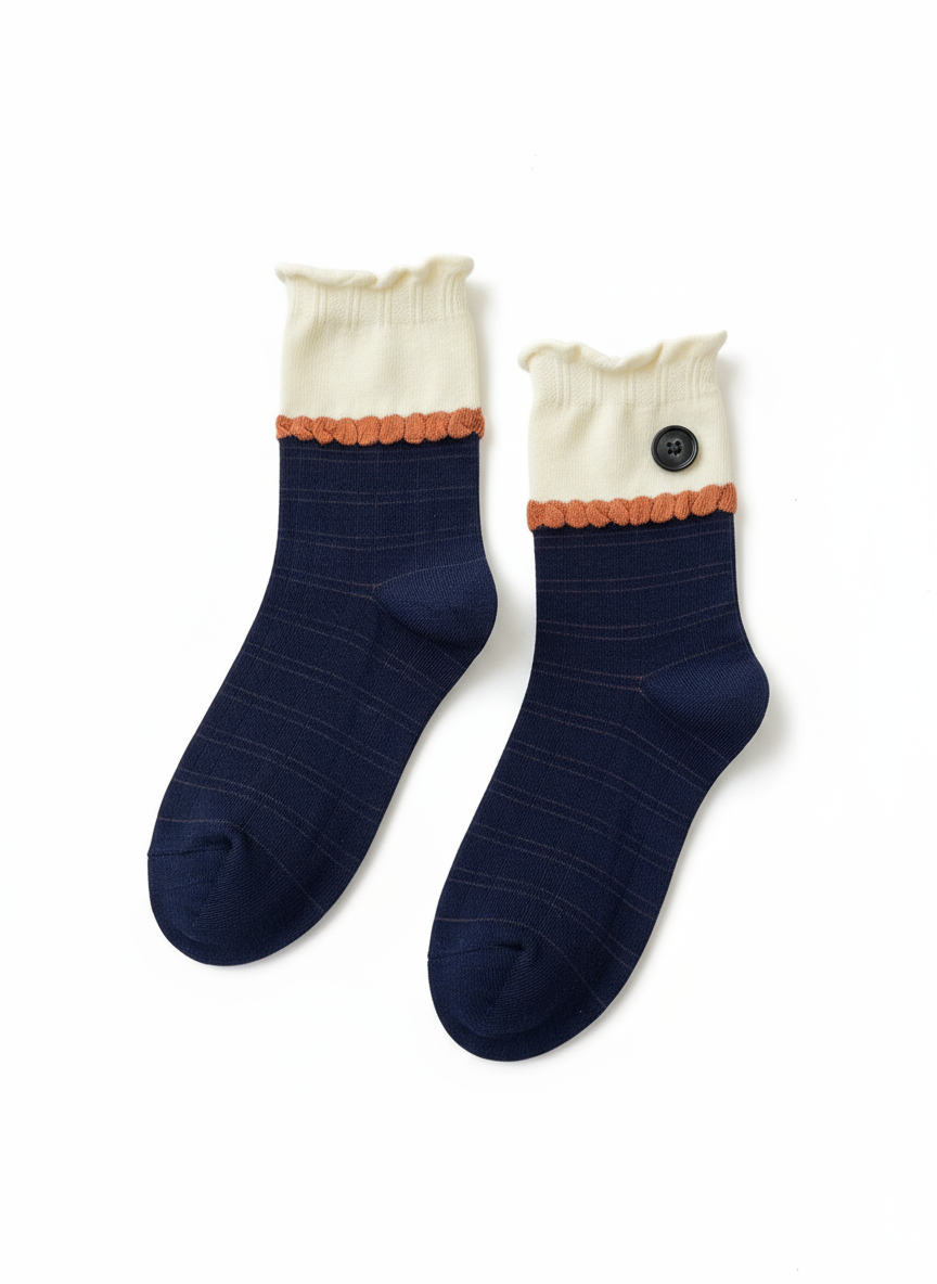 シームレスソックスボタンデザイン学院風クルーソックス